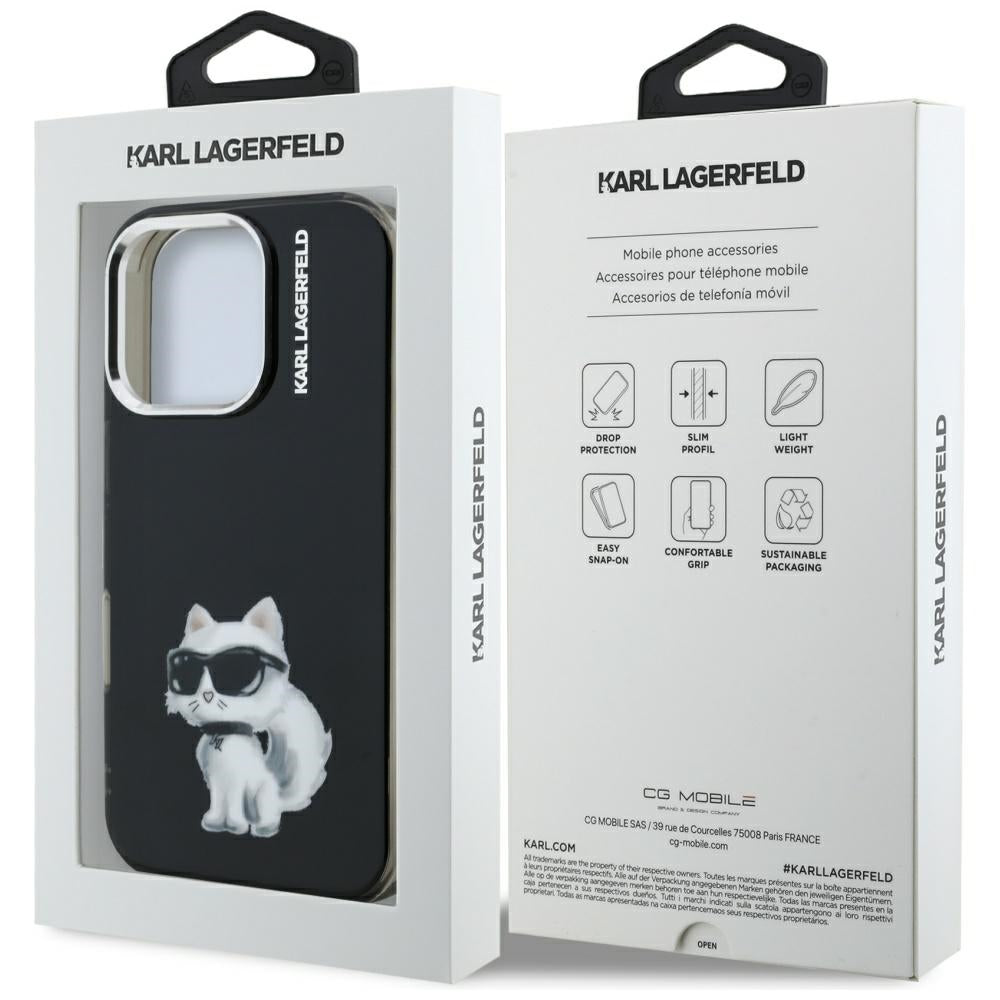 Hülle für Apple iPhone 16 Pro Max, Karl Lagerfeld, IML Aquarelle Logo Choupette, Schwarz