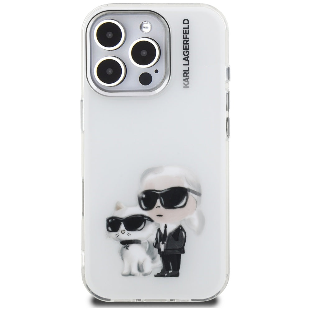 Custodia per Apple iPhone 16 Pro Max, Karl Lagerfeld, IML Aquarelle Logo Karl & Choupette, Bianca