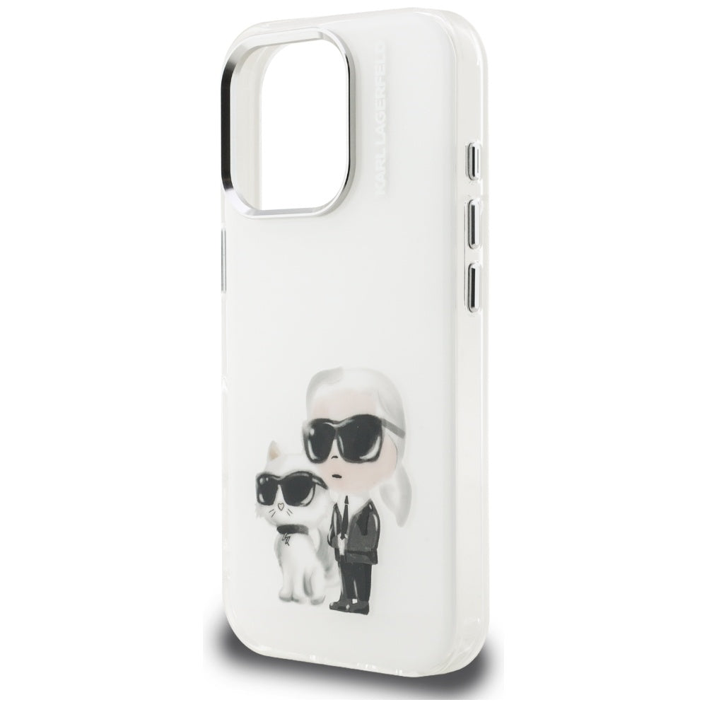 Custodia per Apple iPhone 16 Pro Max, Karl Lagerfeld, IML Aquarelle Logo Karl & Choupette, Bianca