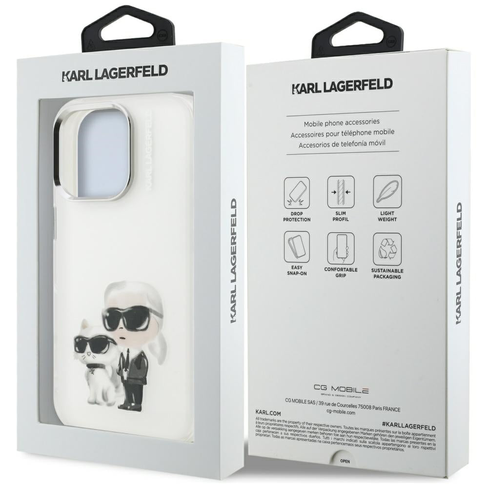 Custodia per Apple iPhone 16 Pro Max, Karl Lagerfeld, IML Aquarelle Logo Karl & Choupette, Bianca