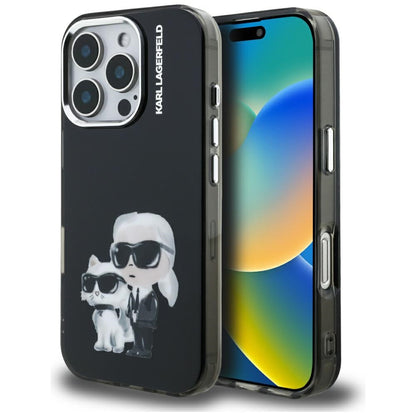 Custodia per Apple iPhone 16 Pro Max, Karl Lagerfeld, IML Aquarelle Logo Karl & Choupette, Nera