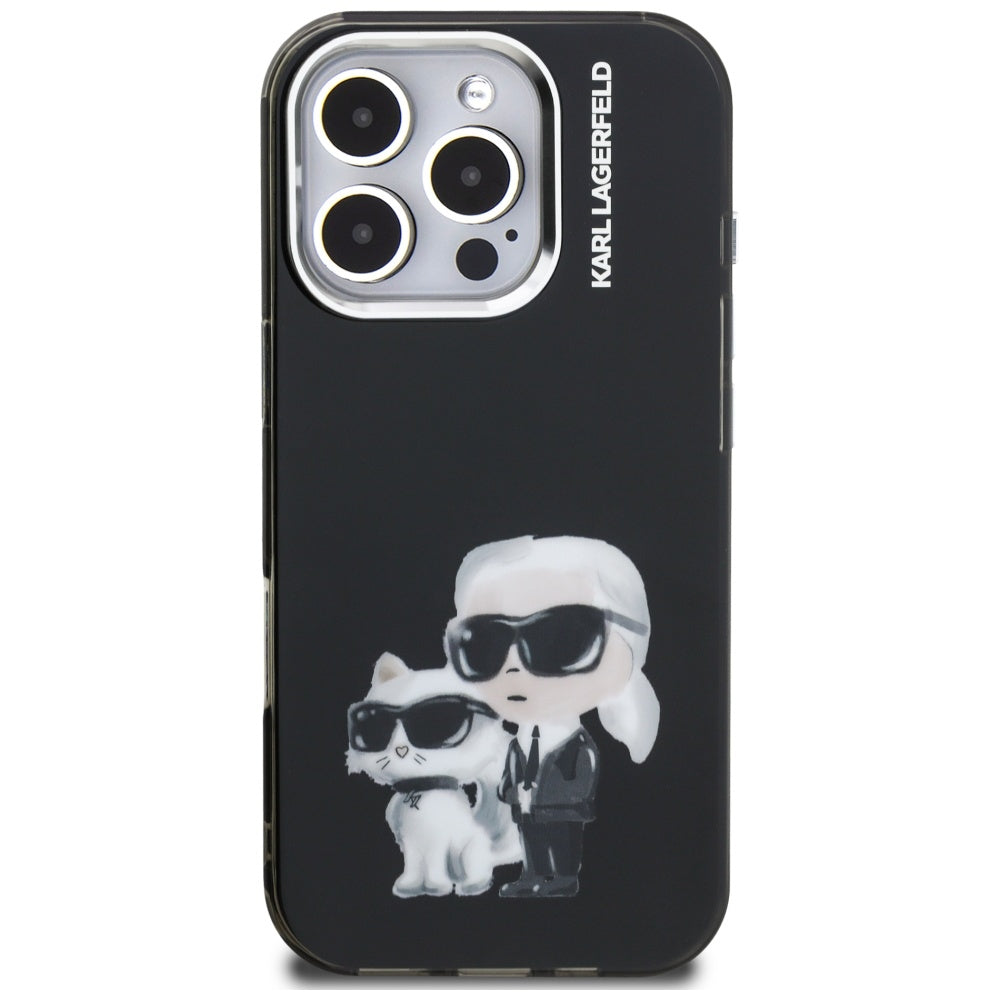 Custodia per Apple iPhone 16 Pro Max, Karl Lagerfeld, IML Aquarelle Logo Karl & Choupette, Nera