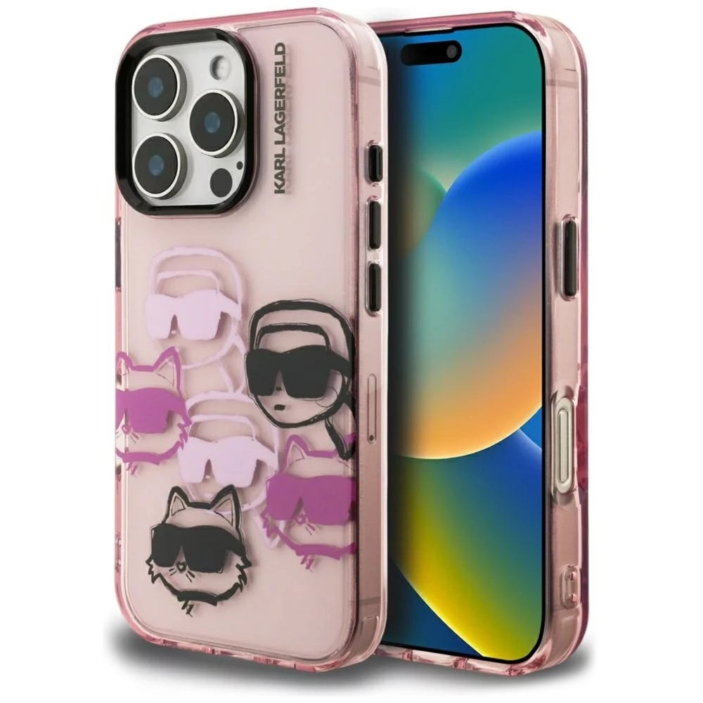 Étui pour Apple iPhone 16 Pro Max, Karl Lagerfeld, IML Luxury Multi Head Pattern, Rose