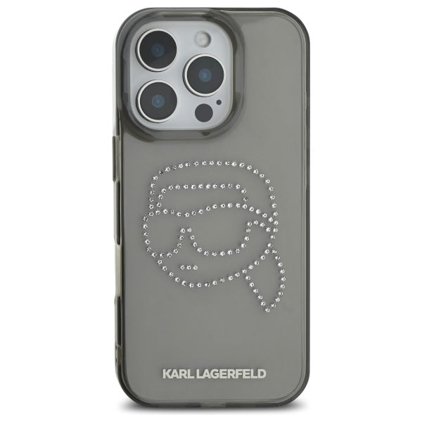 Hülle für Apple iPhone 16 Pro Max, Karl Lagerfeld, IML Rhinestones Karl's Head, Schwarz
