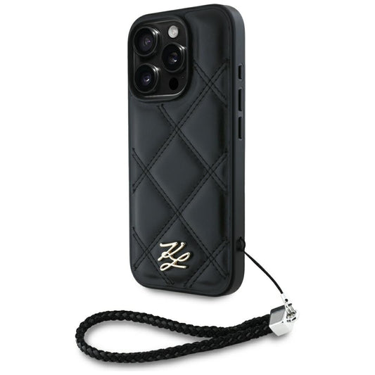 Housse pour Apple iPhone 16 Pro Max, Karl Lagerfeld, Logo Initial Matelassé & Bandoulière Chaîne, Noire