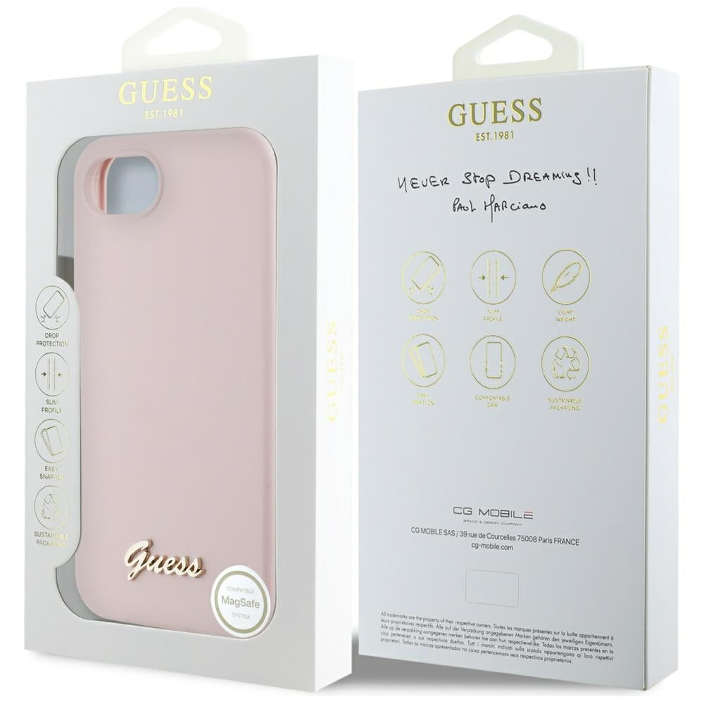 Étui pour Apple iPhone 16e, Guess, Script Metal Logo, Rose