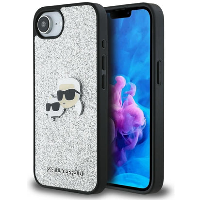 Housse pour Apple iPhone 16e, Karl Lagerfeld, Glitter Fixed Karl & Choupette's Heads, Argentée