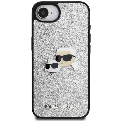 Housse pour Apple iPhone 16e, Karl Lagerfeld, Glitter Fixed Karl & Choupette's Heads, Argentée
