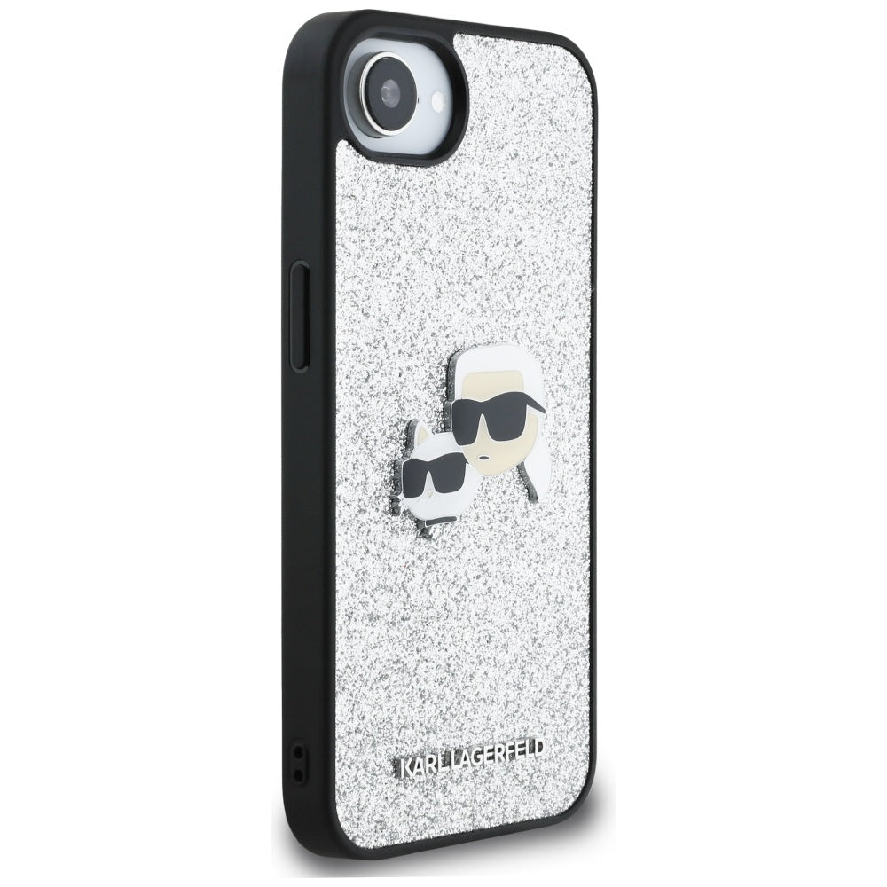 Housse pour Apple iPhone 16e, Karl Lagerfeld, Glitter Fixed Karl & Choupette's Heads, Argentée