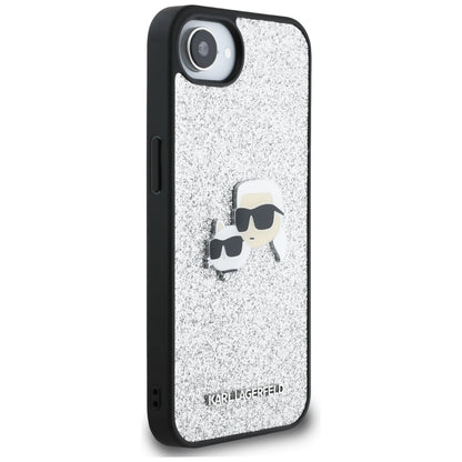 Housse pour Apple iPhone 16e, Karl Lagerfeld, Glitter Fixed Karl & Choupette's Heads, Argentée