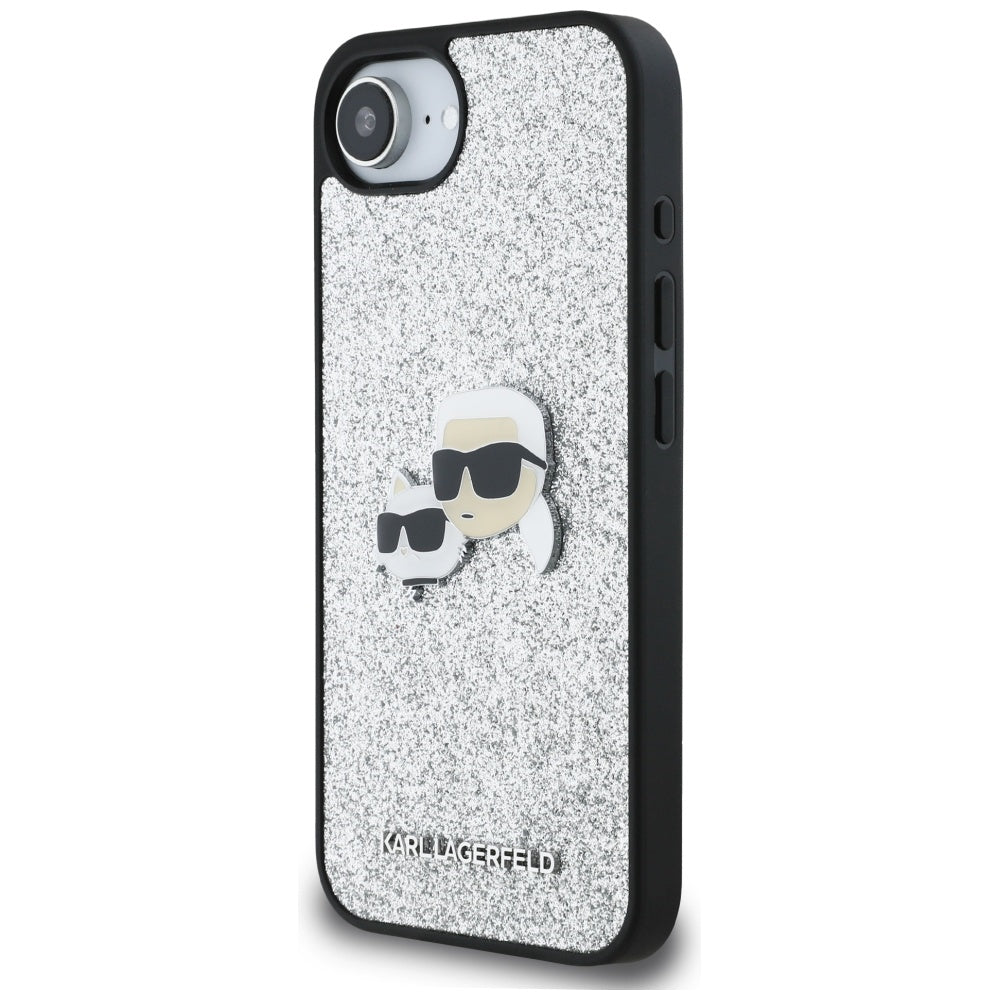 Housse pour Apple iPhone 16e, Karl Lagerfeld, Glitter Fixed Karl & Choupette's Heads, Argentée