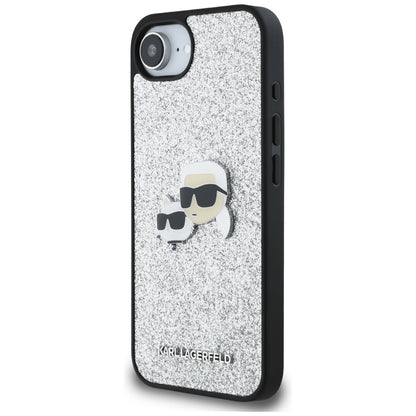 Housse pour Apple iPhone 16e, Karl Lagerfeld, Glitter Fixed Karl & Choupette's Heads, Argentée