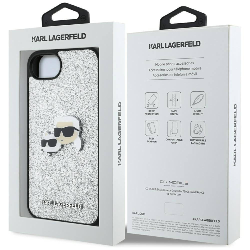 Housse pour Apple iPhone 16e, Karl Lagerfeld, Glitter Fixed Karl & Choupette's Heads, Argentée