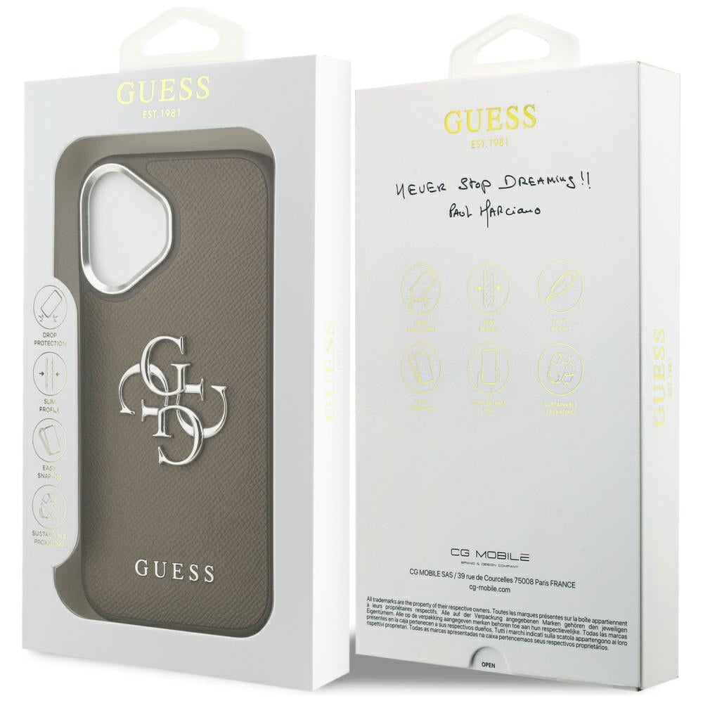 Étui pour Apple iPhone 17, Guess, 4G Grained Big And Classic Logo, Marron Argenté