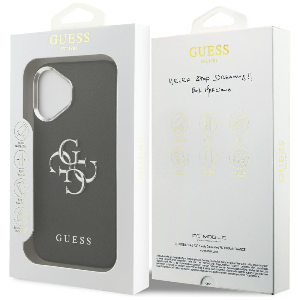 Étui pour Apple iPhone 17, Guess, 4G Grained Big and Classic Logo, Noir Argenté