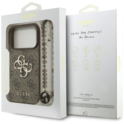 Custodia per Apple iPhone 17 Pro, Guess, 4G Classic Logo con Cinturino di Perle, Marrone