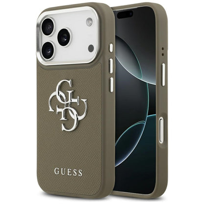 Custodia per Apple iPhone 17 Pro, Guess, 4G Grained Big And Classic Logo, Marrone Argentato