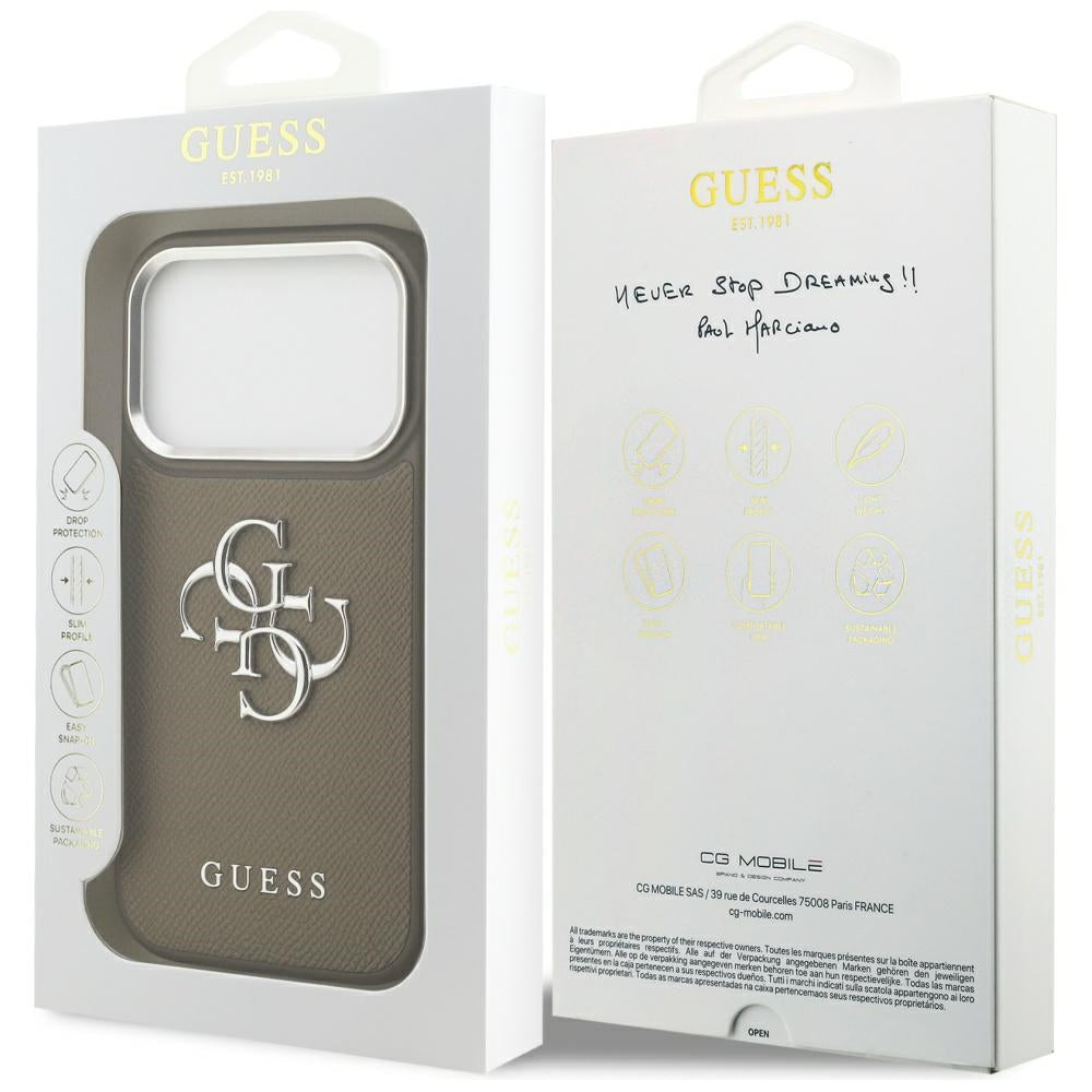 Custodia per Apple iPhone 17 Pro, Guess, 4G Grained Big And Classic Logo, Marrone Argentato