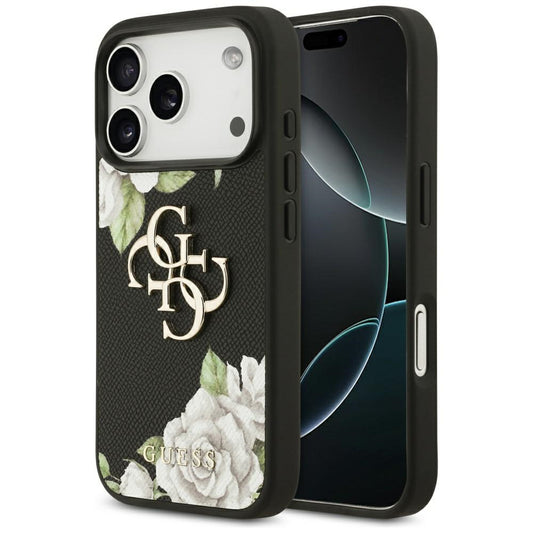 Étui pour Apple iPhone 17 Pro, Guess, 4G Grained Roses Big Logo, Noir