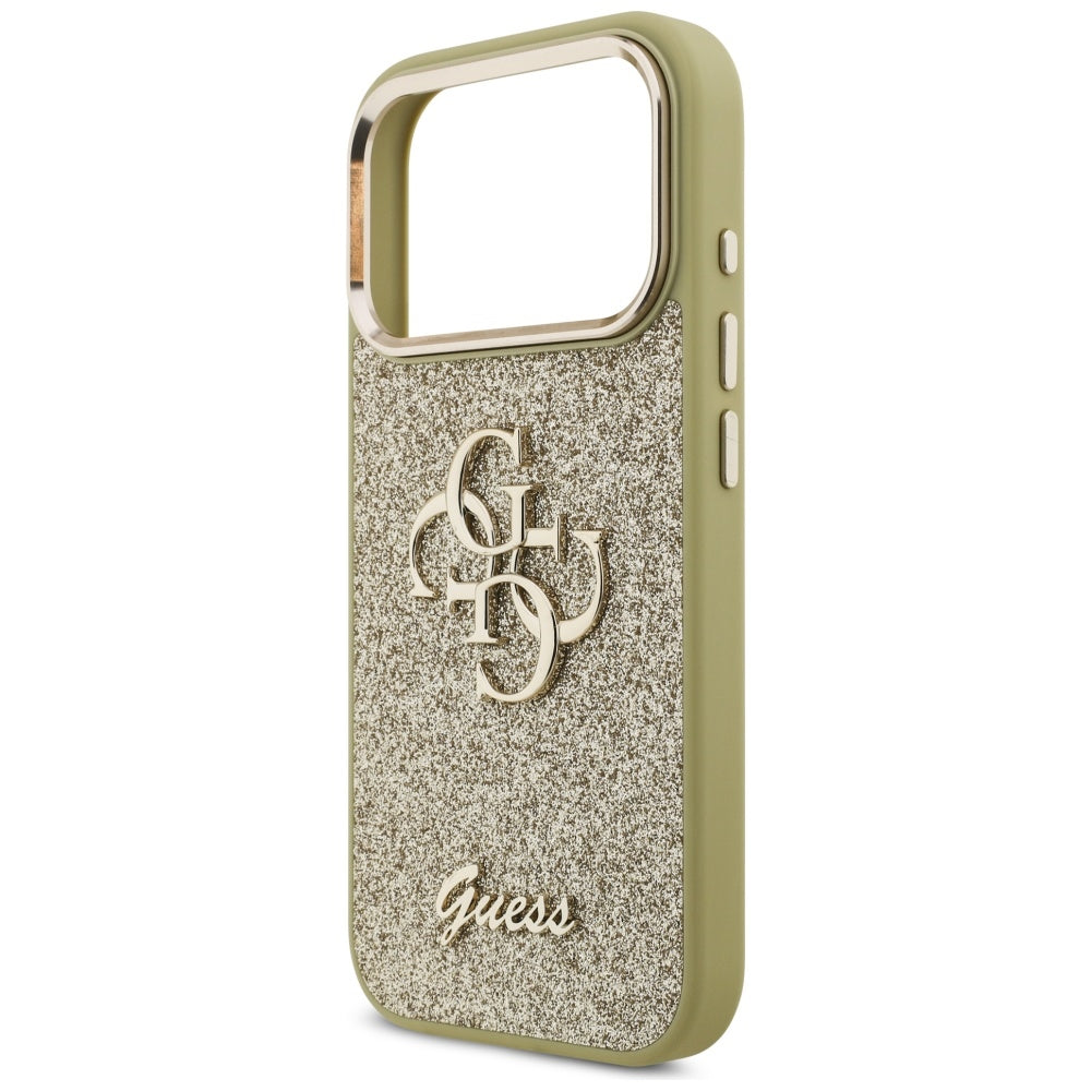 Étui pour Apple iPhone 17 Pro, Guess, Fixed Glitter Big 4G Metal Frame, Doré