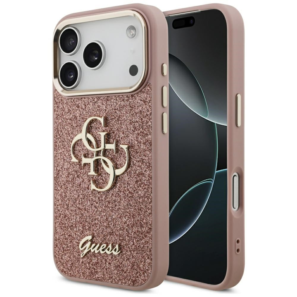 Custodia per Apple iPhone 17 Pro, Guess, Fixed Glitter Big 4G Metal Frame, Rosa