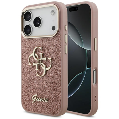 Custodia per Apple iPhone 17 Pro, Guess, Fixed Glitter Big 4G Metal Frame, Rosa