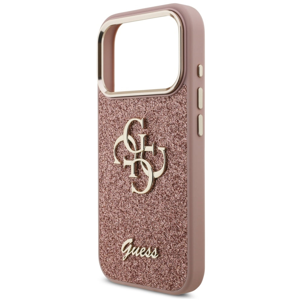 Custodia per Apple iPhone 17 Pro, Guess, Fixed Glitter Big 4G Metal Frame, Rosa