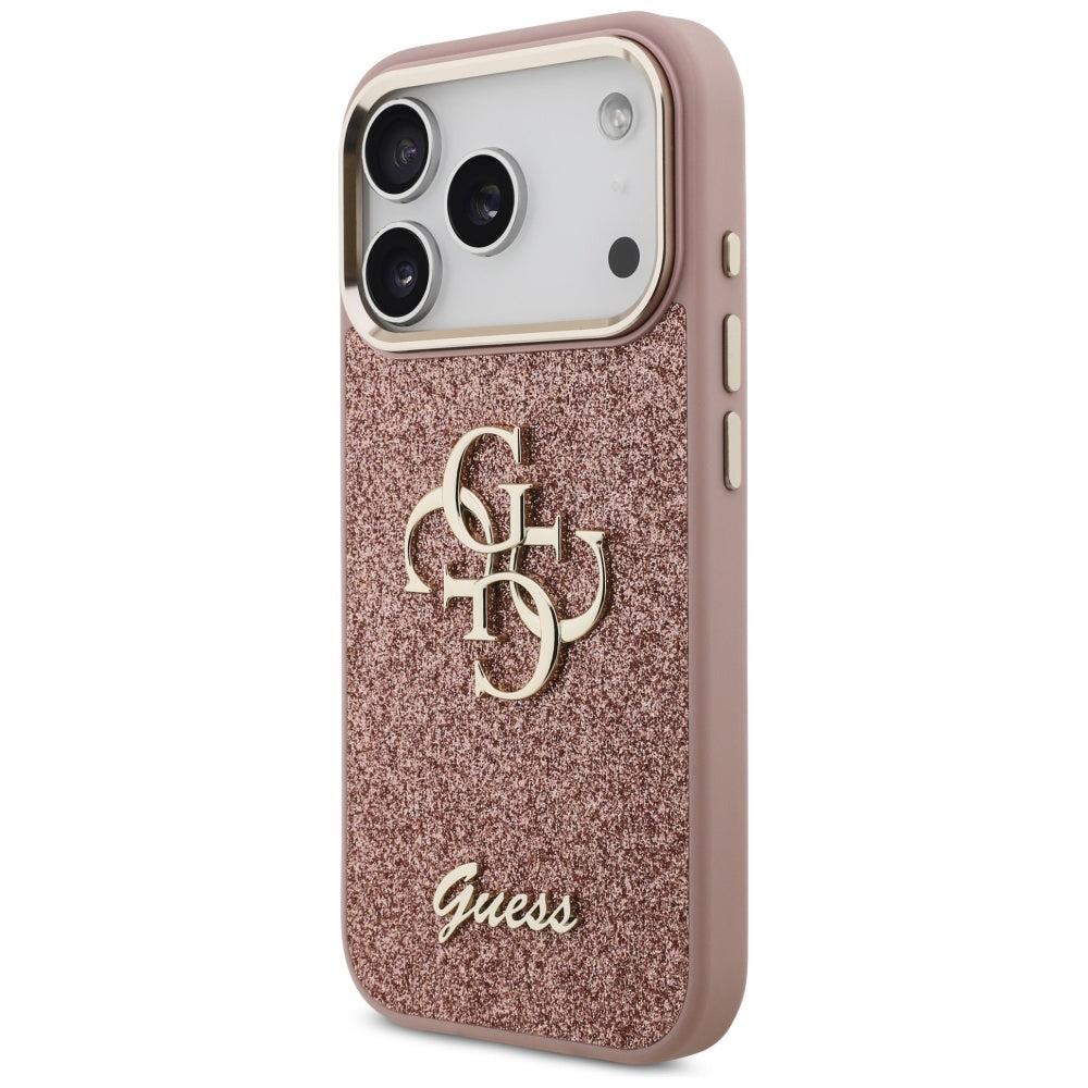 Custodia per Apple iPhone 17 Pro, Guess, Fixed Glitter Big 4G Metal Frame, Rosa