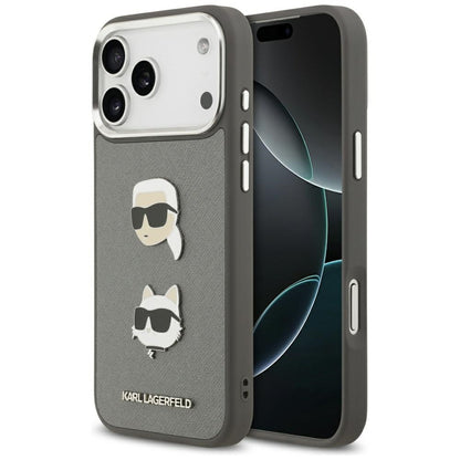 Hülle für Apple iPhone 17 Pro Max, Karl Lagerfeld, Grained Karl & Choupette's Heads Pins and Logo, Grau