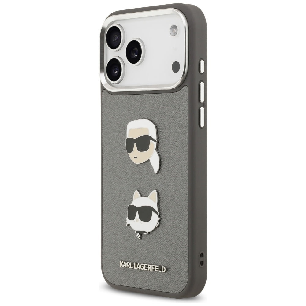 Hülle für Apple iPhone 17 Pro Max, Karl Lagerfeld, Grained Karl & Choupette's Heads Pins and Logo, Grau