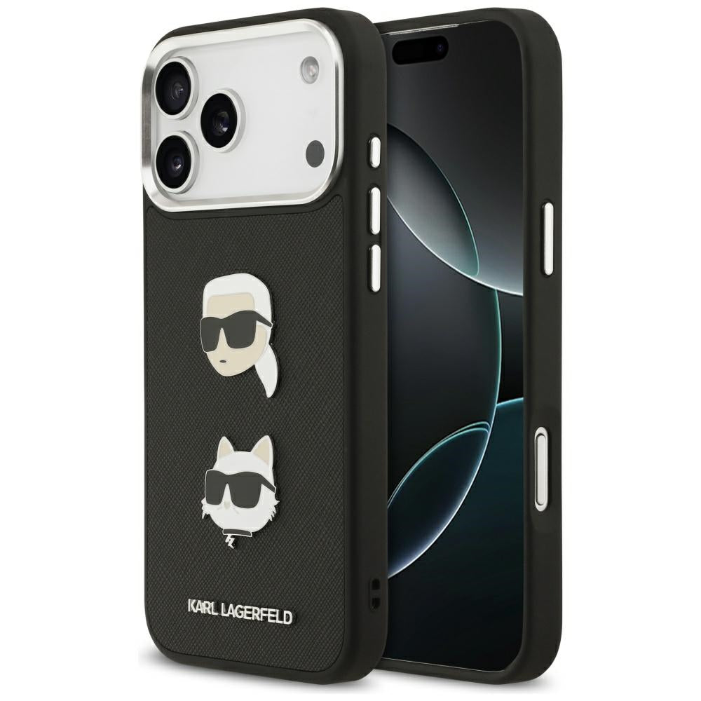 Étui pour Apple iPhone 17 Pro Max, Karl Lagerfeld, Grained Karl & Choupette's Heads Pins and Logo, Noir