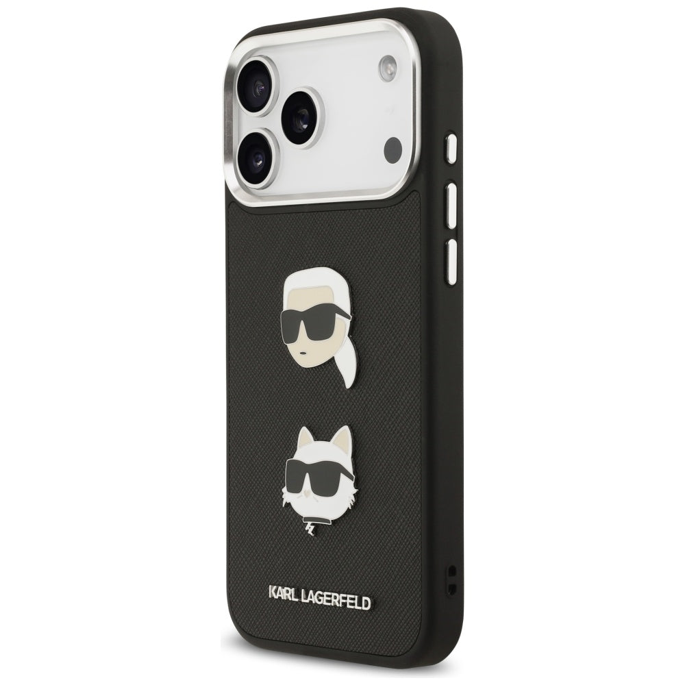 Étui pour Apple iPhone 17 Pro Max, Karl Lagerfeld, Grained Karl & Choupette's Heads Pins and Logo, Noir