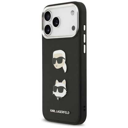 Étui pour Apple iPhone 17 Pro Max, Karl Lagerfeld, Grained Karl & Choupette's Heads Pins and Logo, Noir