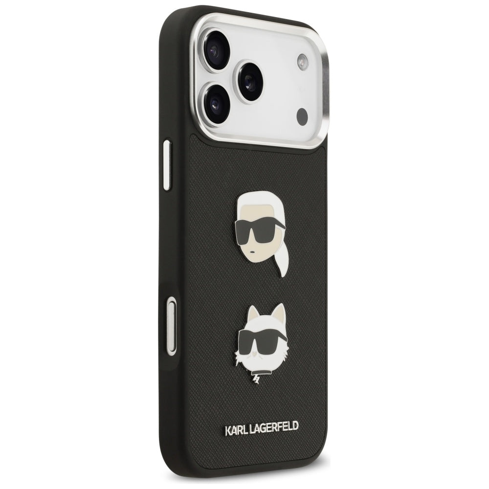 Étui pour Apple iPhone 17 Pro Max, Karl Lagerfeld, Grained Karl & Choupette's Heads Pins and Logo, Noir