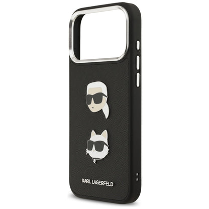 Étui pour Apple iPhone 17 Pro Max, Karl Lagerfeld, Grained Karl & Choupette's Heads Pins and Logo, Noir