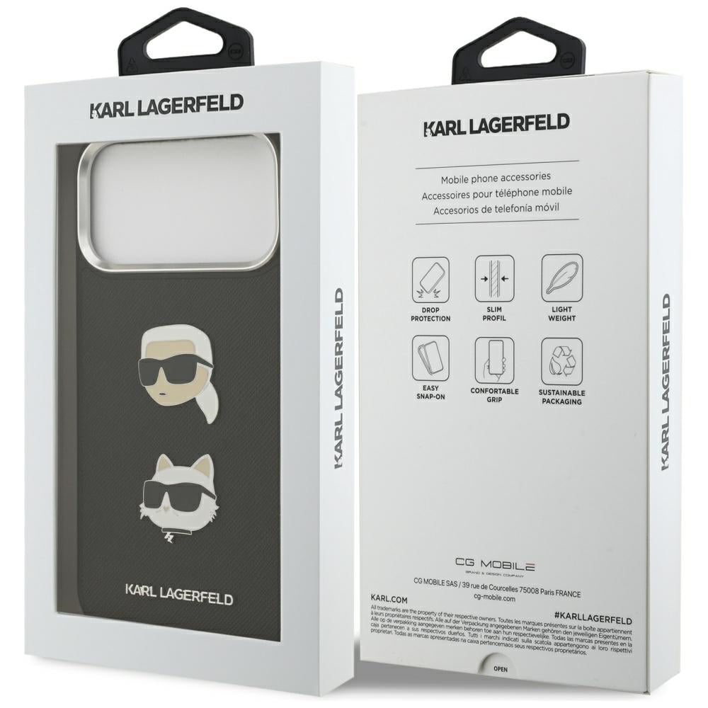 Étui pour Apple iPhone 17 Pro Max, Karl Lagerfeld, Grained Karl & Choupette's Heads Pins and Logo, Noir
