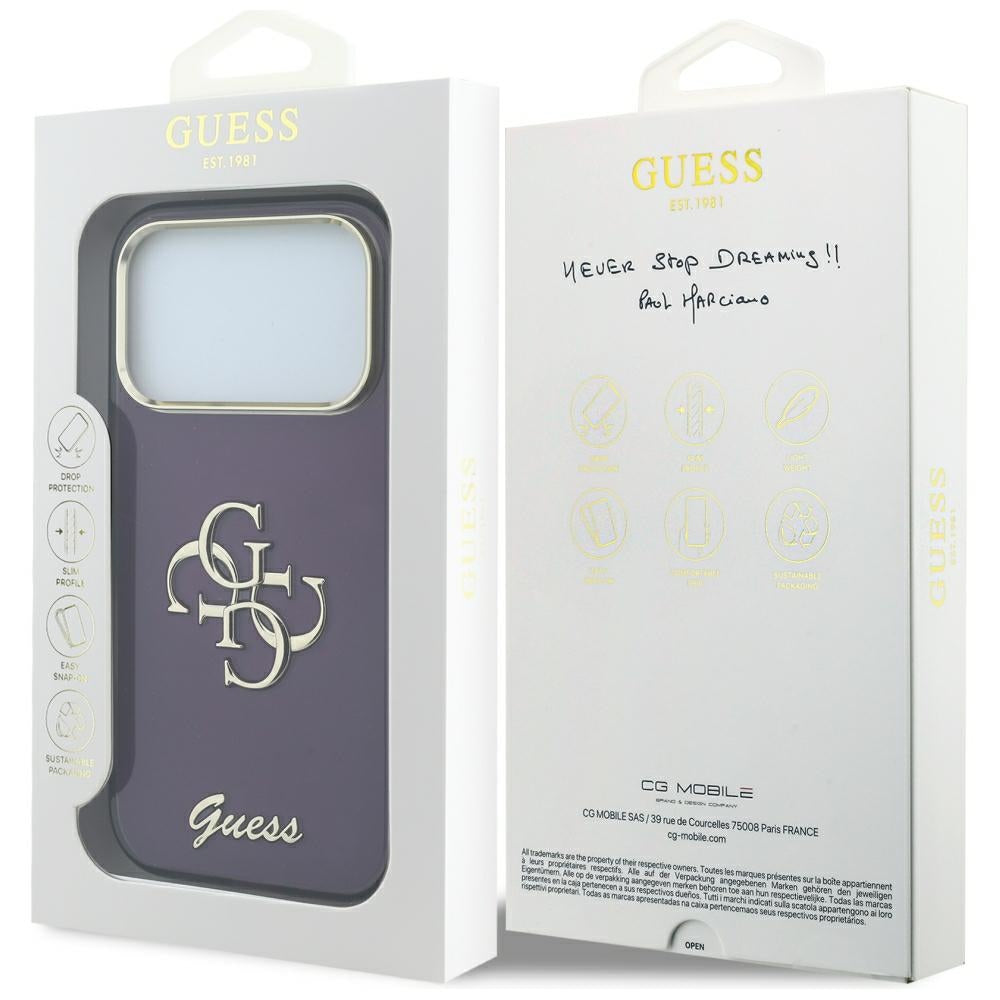 Custodia per Apple iPhone 18 Pro / 17 Pro, Guess, IML 4G Metal Script, Vinaccia