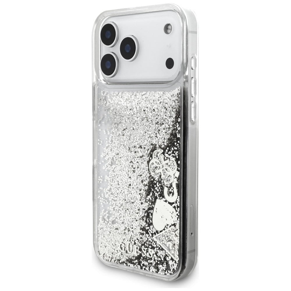 Hülle für Apple iPhone 18 Pro / 17 Pro, Guess, Liquid Glitter Charms, Silberfarben