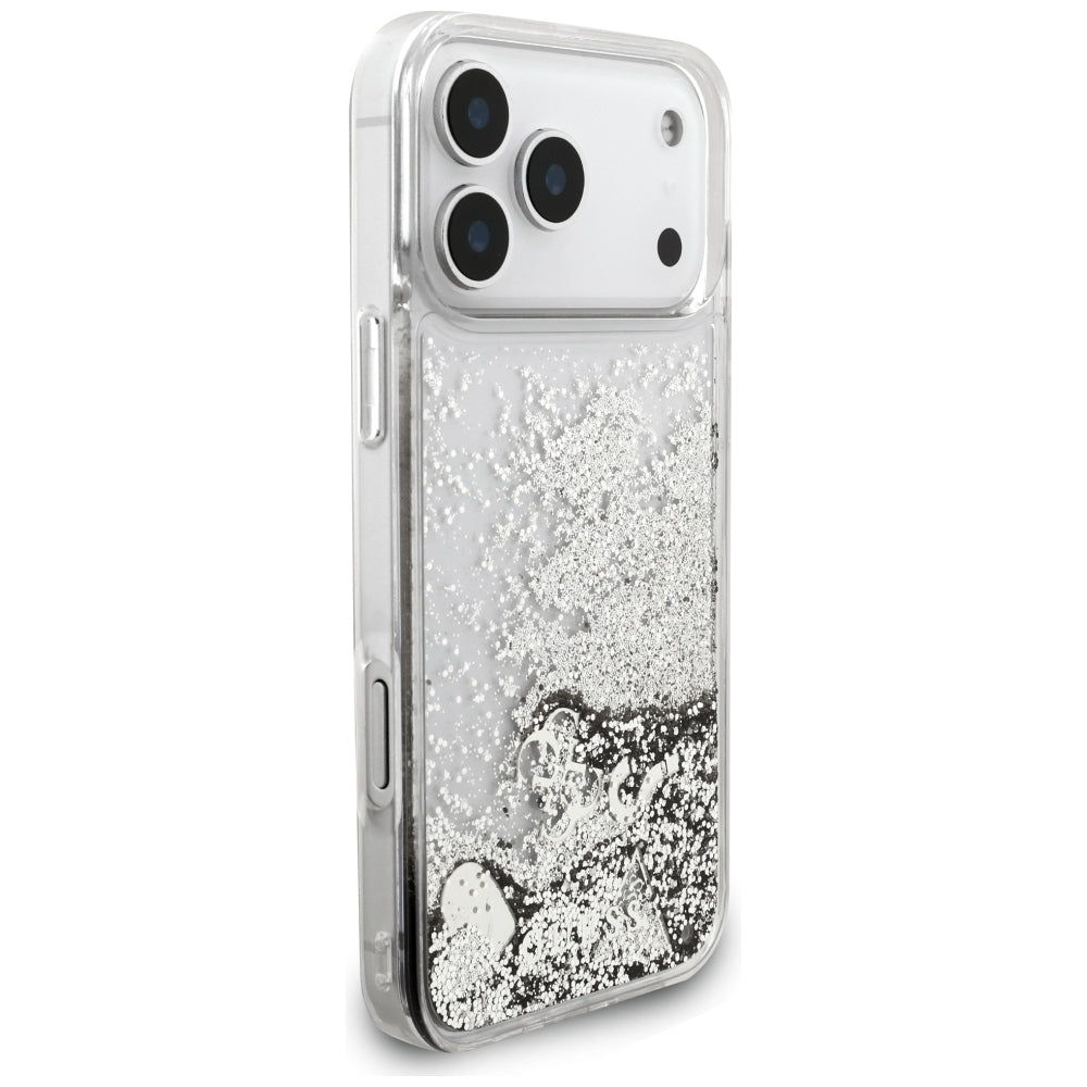 Hülle für Apple iPhone 18 Pro / 17 Pro, Guess, Liquid Glitter Charms, Silberfarben