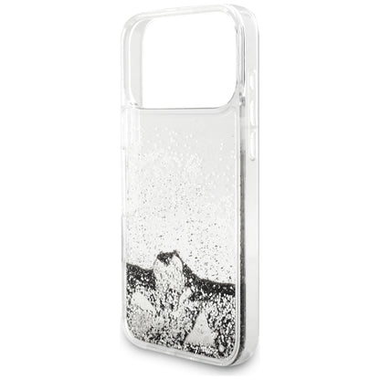 Hülle für Apple iPhone 18 Pro / 17 Pro, Guess, Liquid Glitter Charms, Silberfarben