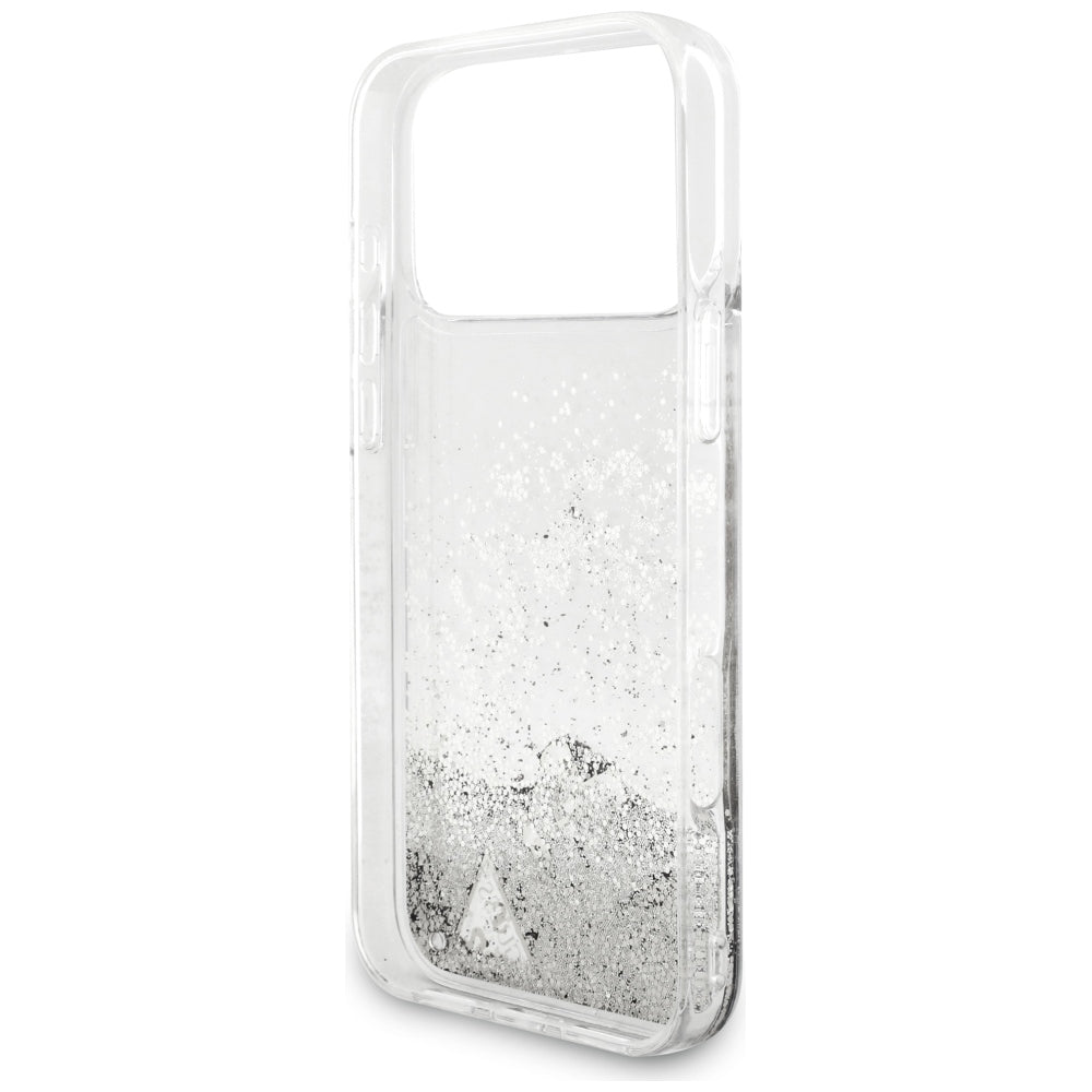 Hülle für Apple iPhone 18 Pro / 17 Pro, Guess, Liquid Glitter Charms, Silberfarben