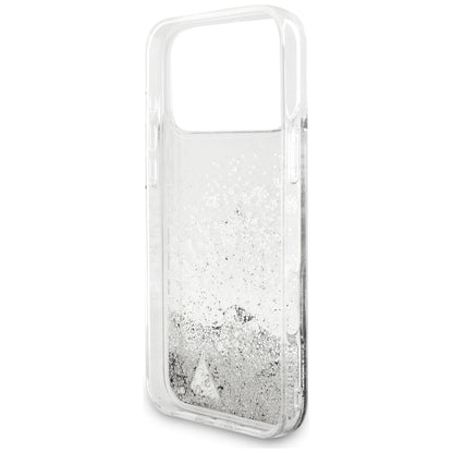 Hülle für Apple iPhone 18 Pro / 17 Pro, Guess, Liquid Glitter Charms, Silberfarben