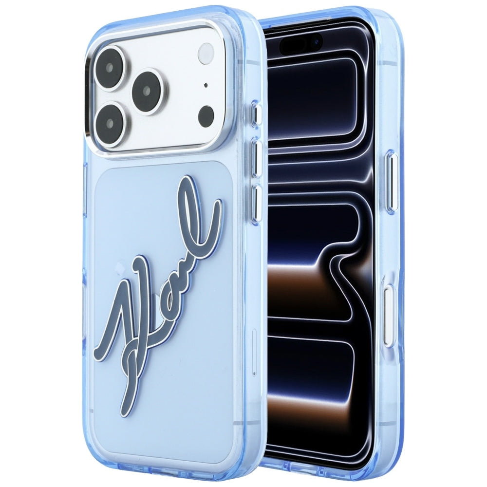 Custodia per Apple iPhone 18 Pro / 17 Pro, Karl Lagerfeld, IML Big Signature Resin Logo e Cornice in Metallo, Blu