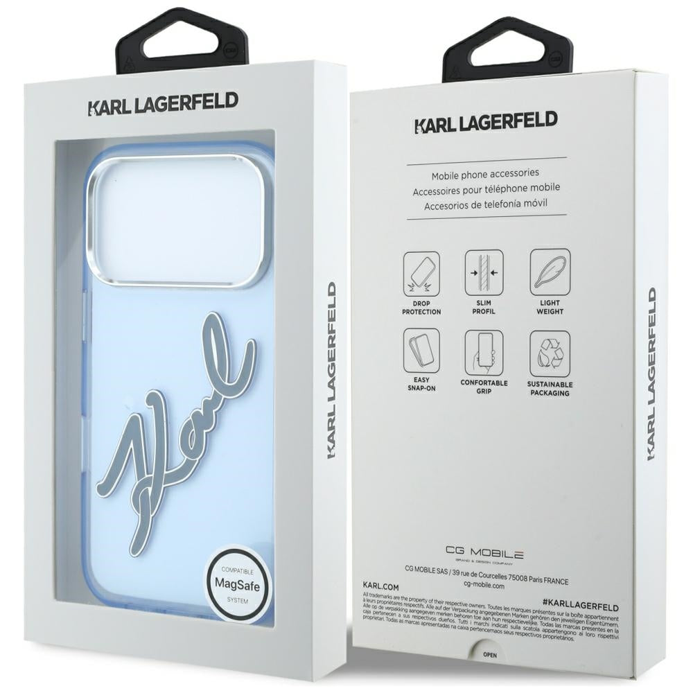 Custodia per Apple iPhone 18 Pro / 17 Pro, Karl Lagerfeld, IML Big Signature Resin Logo e Cornice in Metallo, Blu