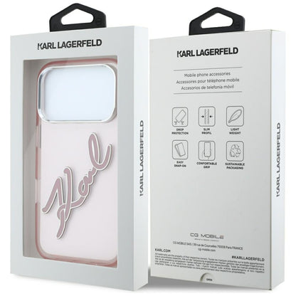 Custodia per Apple iPhone 18 Pro / 17 Pro, Karl Lagerfeld, IML Big Signature Resin Logo e Cornice in Metallo, Rosa