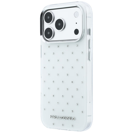Coque pour Apple iPhone 18 Pro / 17 Pro, Karl Lagerfeld, IML Strass et Logo Électroplaqué, Blanc