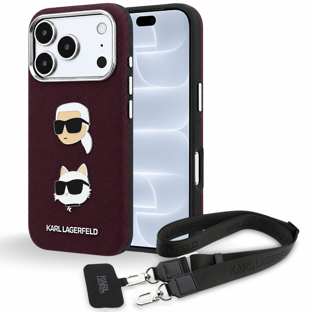 Custodia per Apple iPhone 18 Pro / 17 Pro, Karl Lagerfeld, Saffiano Crossbody Karl & Choupette Head's Pins Logo, color bordeaux