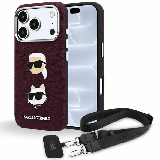 Hülle für Apple iPhone 18 Pro / 17 Pro, Karl Lagerfeld, Saffiano Crossbody Karl & Choupette Head's Pins Logo, Bordeauxrot