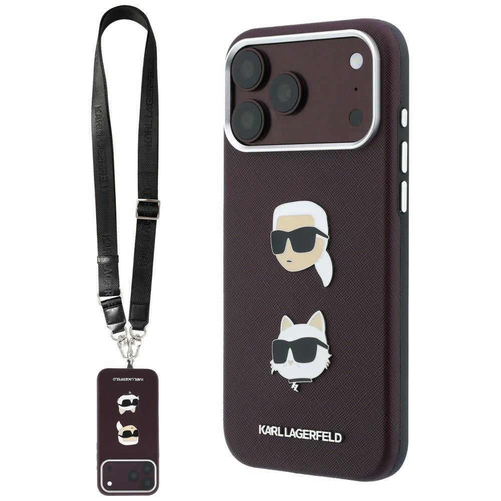 Custodia per Apple iPhone 18 Pro / 17 Pro, Karl Lagerfeld, Saffiano Crossbody Karl & Choupette Head's Pins Logo, color bordeaux