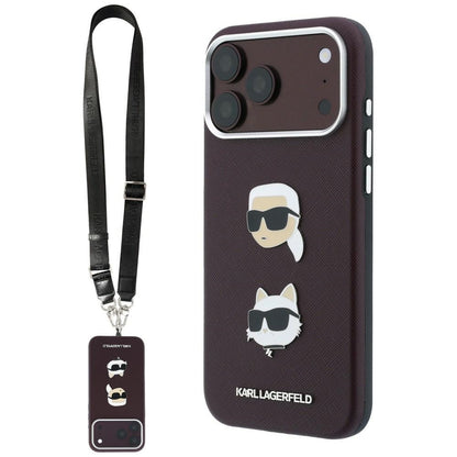 Custodia per Apple iPhone 18 Pro / 17 Pro, Karl Lagerfeld, Saffiano Crossbody Karl & Choupette Head's Pins Logo, color bordeaux